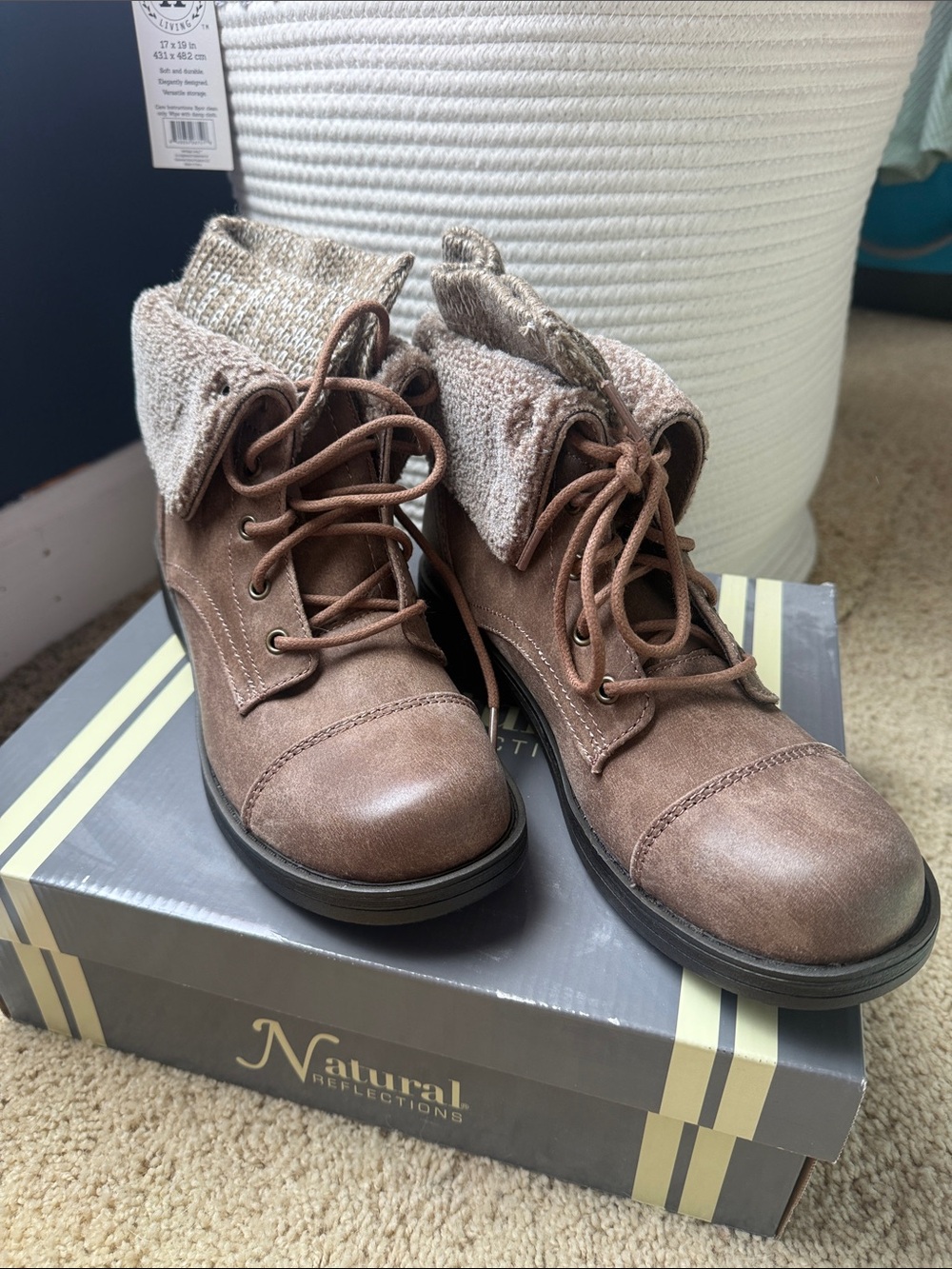 Natural Reflections Taupe Brown Lace-Up Knit-Cuff Ankle Boots